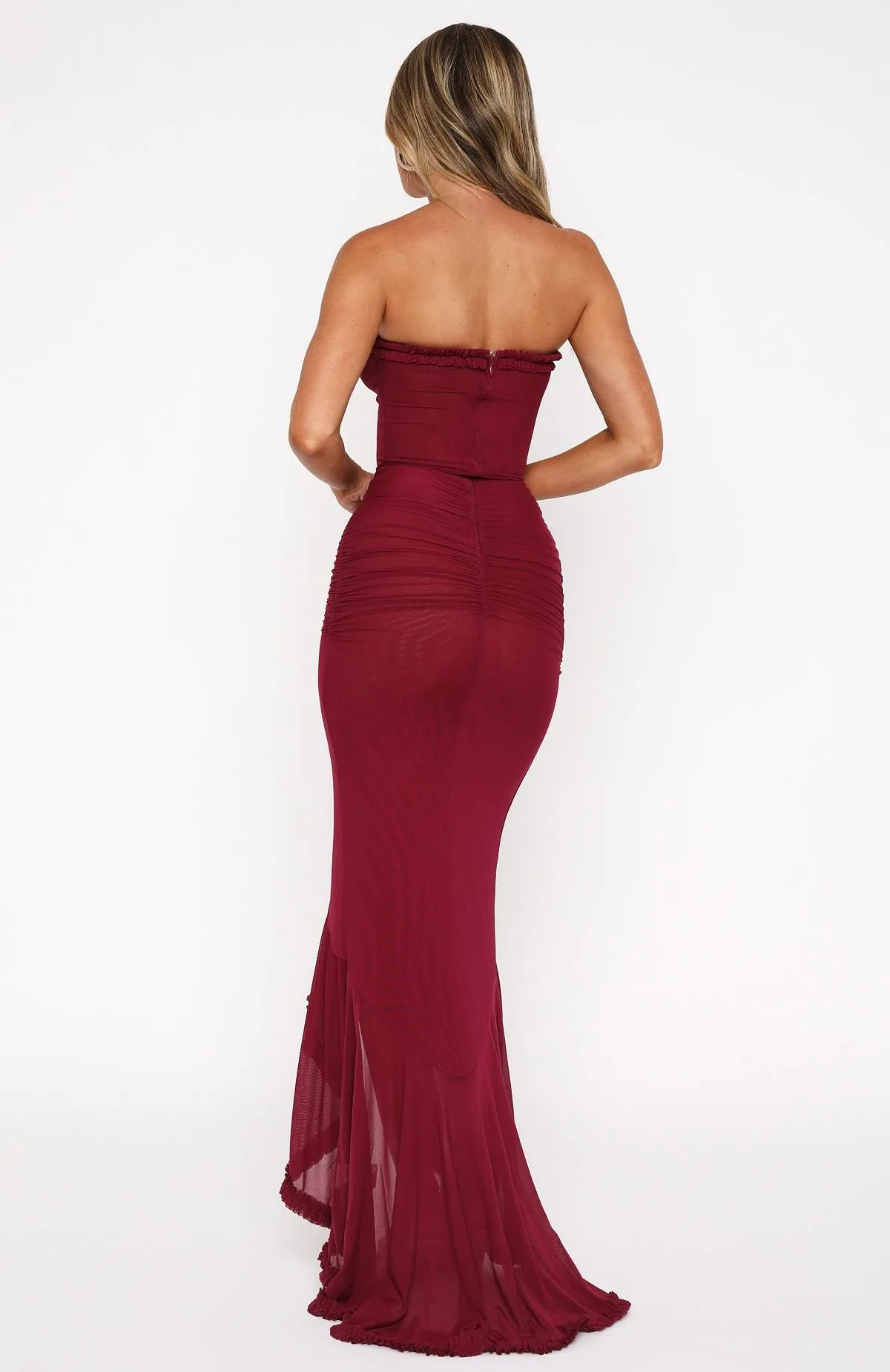 Soft Brushed Lining Taped Neckline Still Got It Mesh Maxi Dress Dark Burgundy