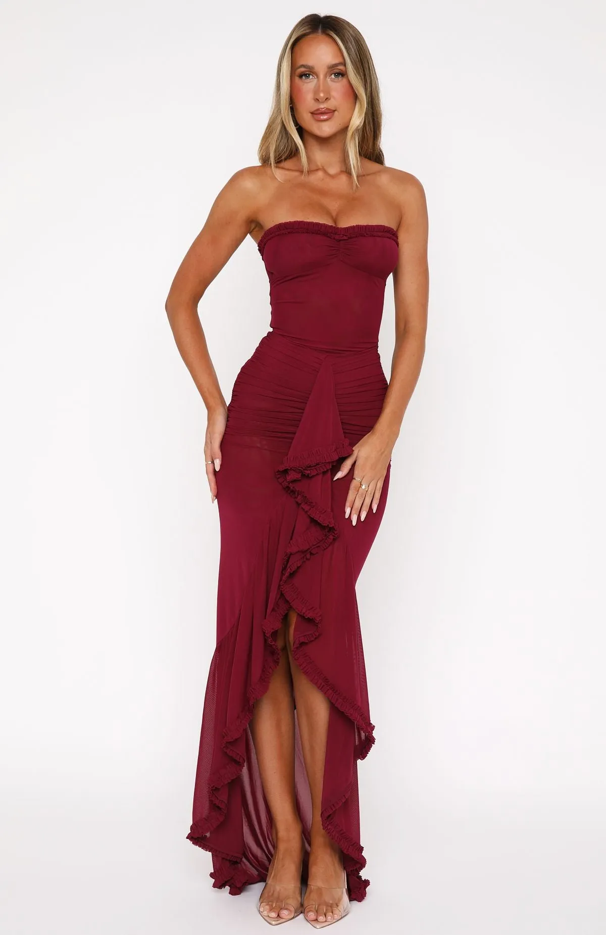 Still Got It Mesh Maxi Dress Dark Burgundy Butter Soft Handfeel Comfort Cushion Neckline