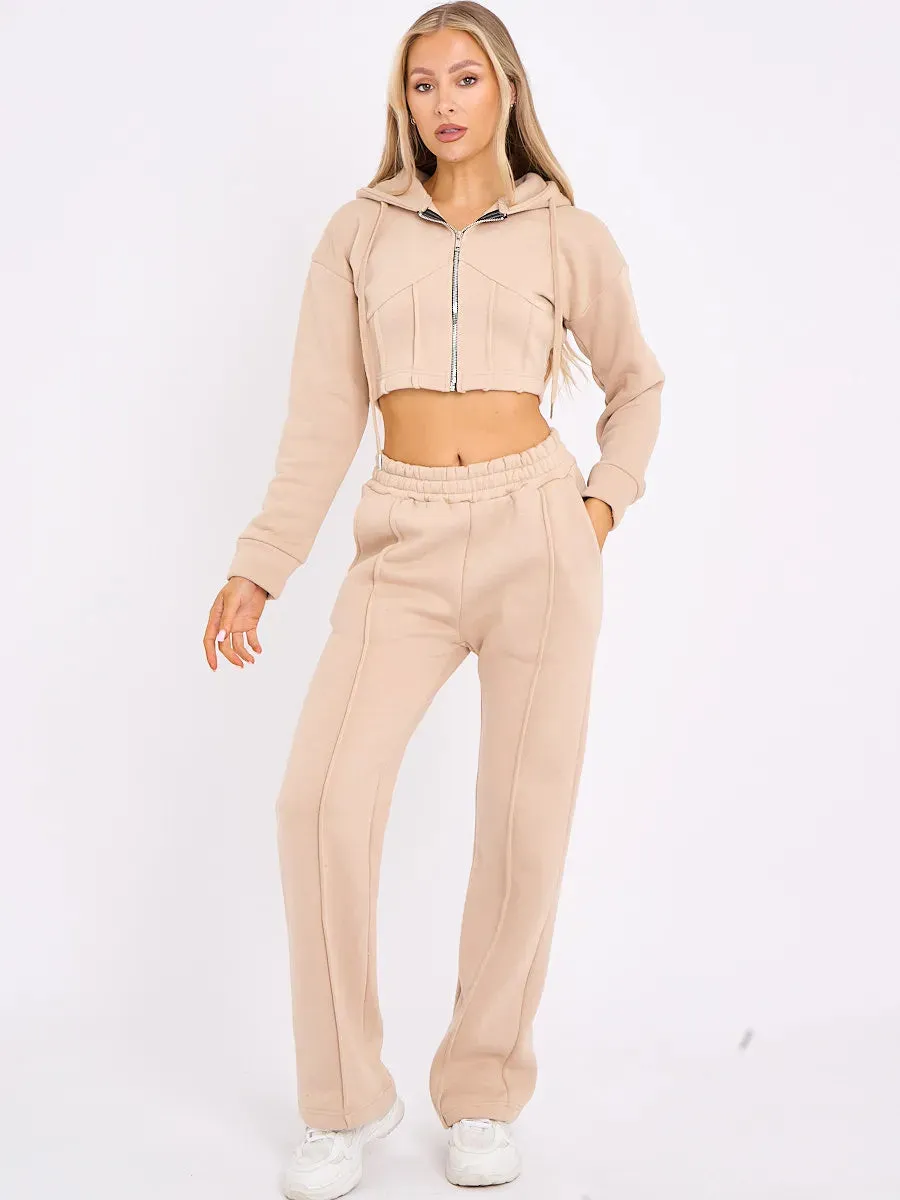 Stone Zip Up Cropped Hoodie & Wide Leg Joggers Loungewear Set