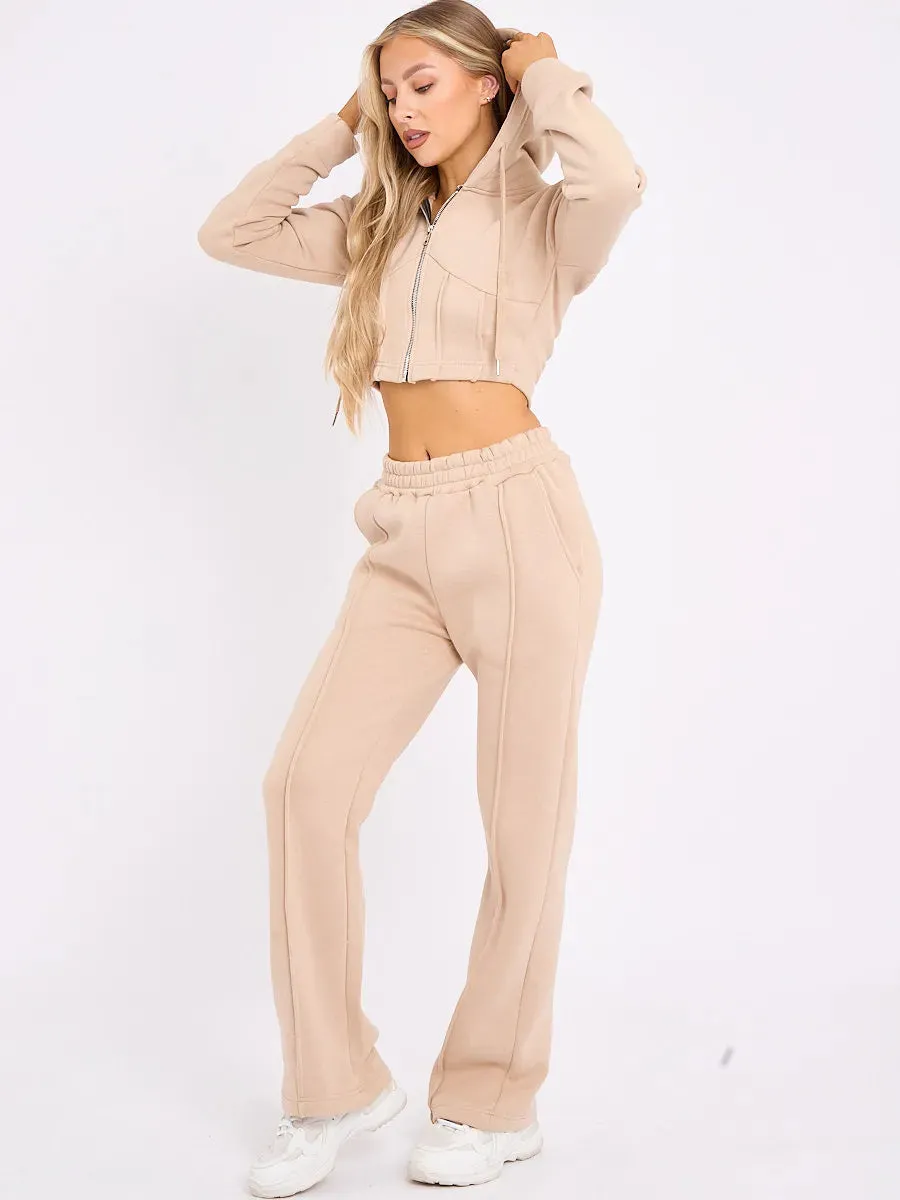 Stone Zip Up Cropped Hoodie & Wide Leg Joggers Loungewear Set