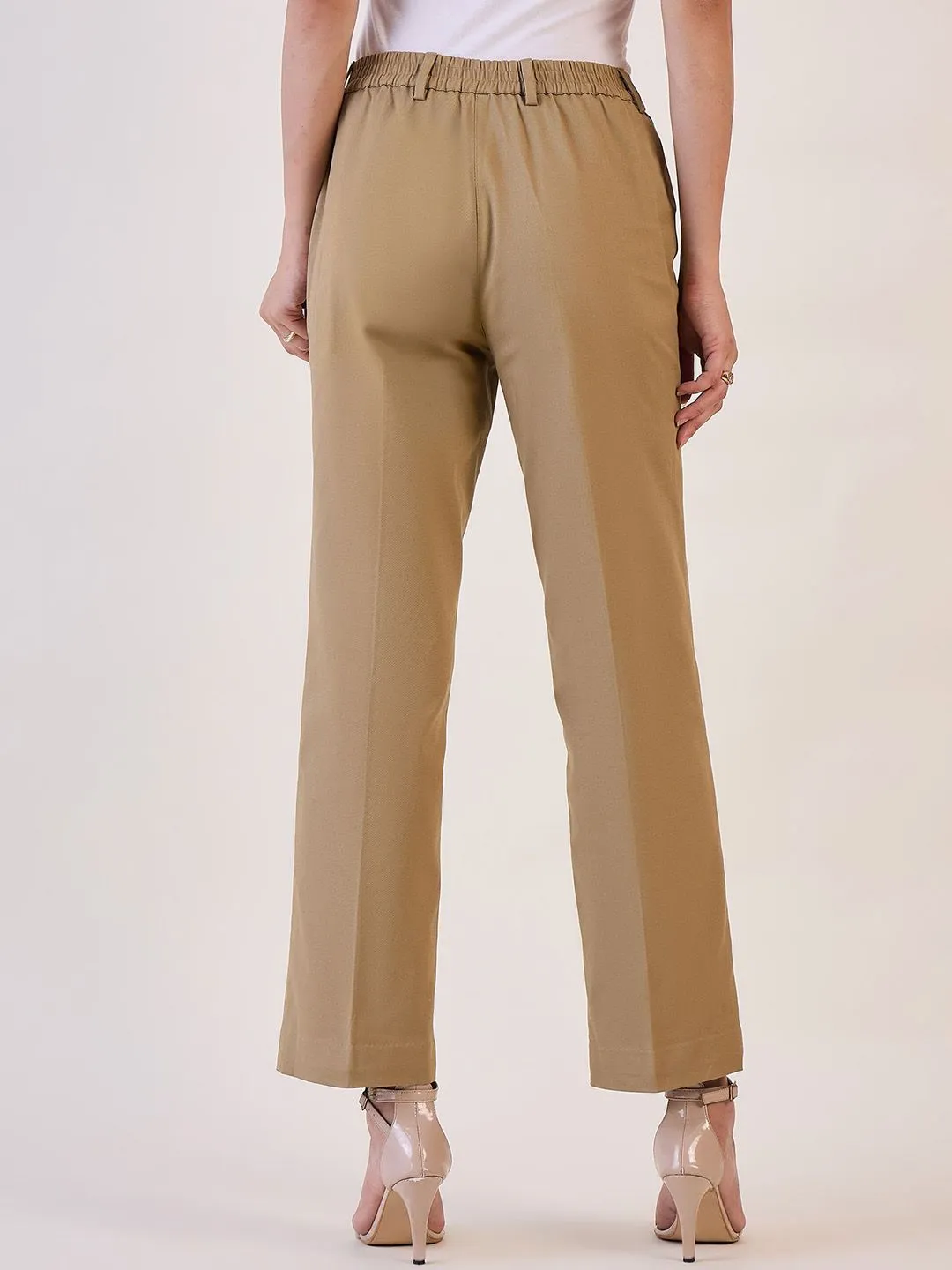 Straight Fit Mid Waist  Trouser - Camel Brown