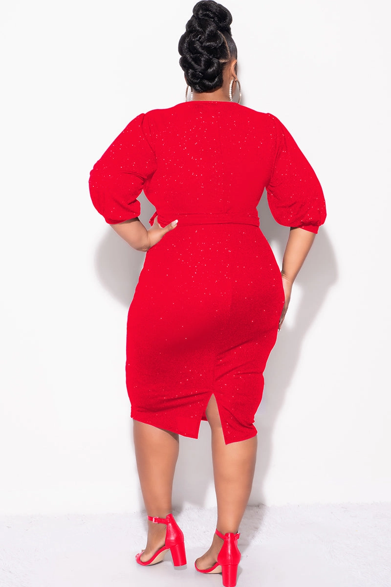 Final Sale Plus Size Faux Wrap BodyCon Dress with Waist Tie in Red Glitter Layered Panel Design