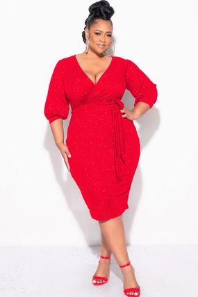 Final Sale Plus Size Faux Wrap BodyCon Dress with Waist Tie in Red Glitter Crisp Design Active Look