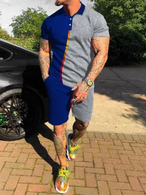 Street Fashion Blue and Gray Contrast Printed Polo Suit