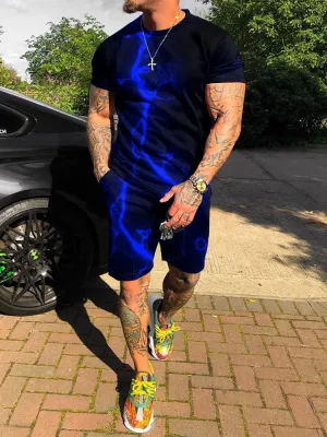 Street Fashion Blue Lightning Print Casual Suit