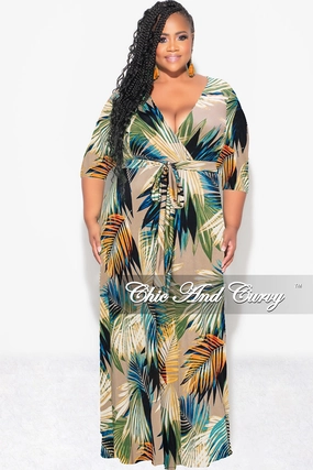Quick Fit Wear ElasticWaist Final Sale Plus Size Faux Wrap Dress in Mocha Palm Print