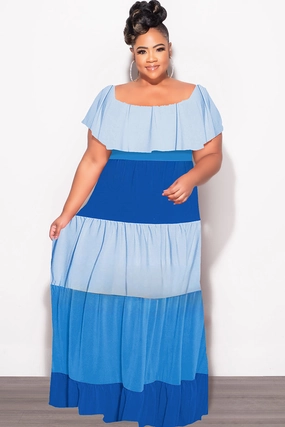 Final Sale Plus Size Off The Shoulder Tiered Maxi Dress in in Baby Blue and Royal Blue Long Wear