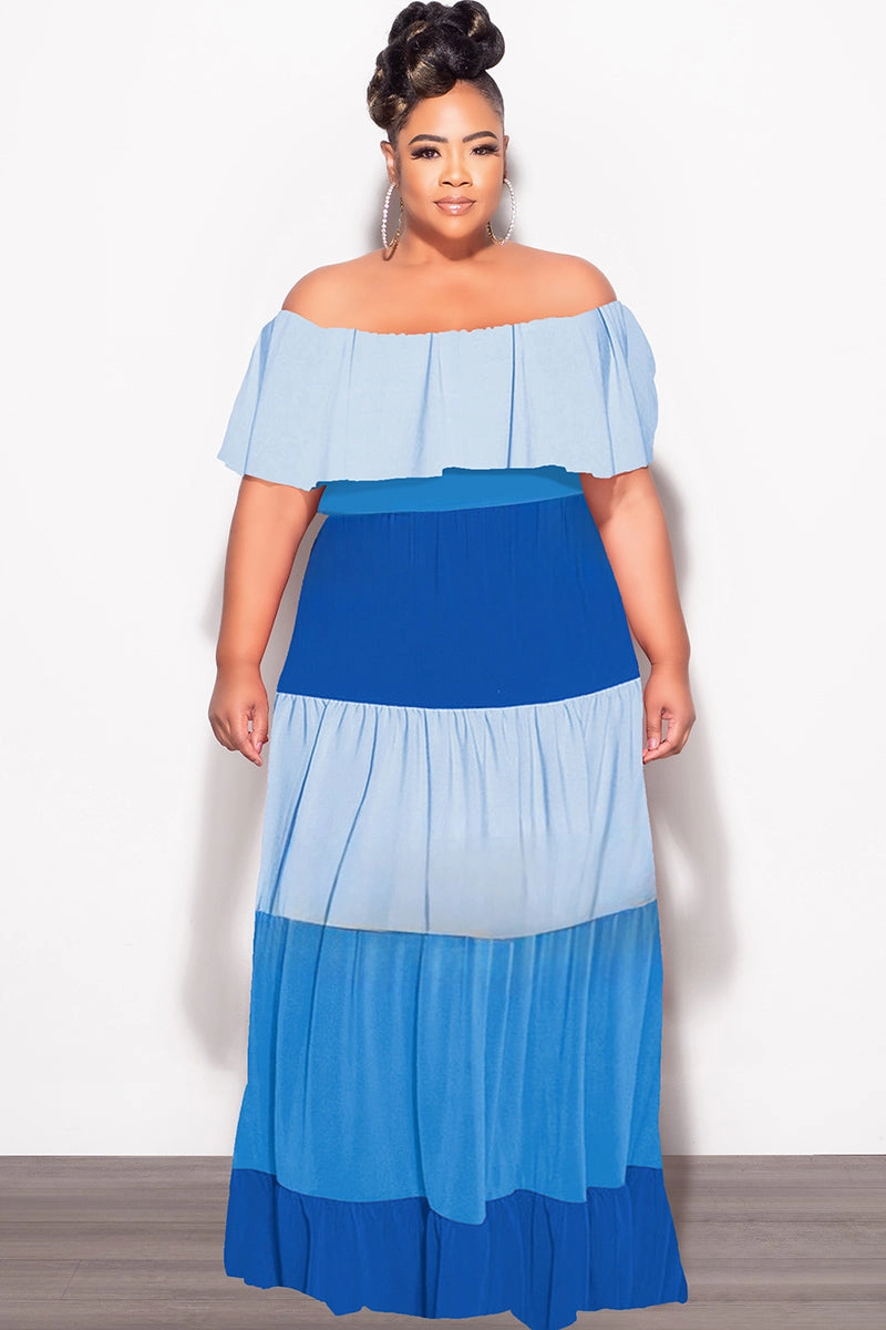 Casual Performance Final Sale Plus Size Off The Shoulder Tiered Maxi Dress in in Baby Blue and Royal Blue