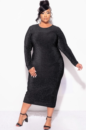 Windproof Membrane Light wash Final Sale Plus Size Midi Bodycon Dress in Black Glitter Fabric