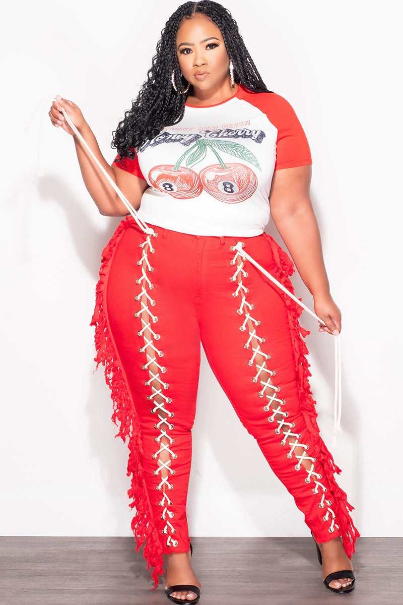 Final Sale Plus Size "Honey Cherry" Graphic Top in Red and White Comfortable Look