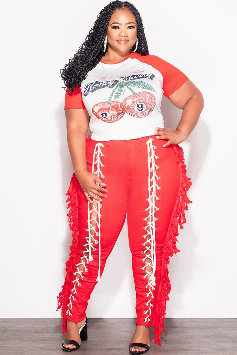 Final Sale Plus Size "Honey Cherry" Graphic Top in Red and White Breathable mesh lining RegularFit
