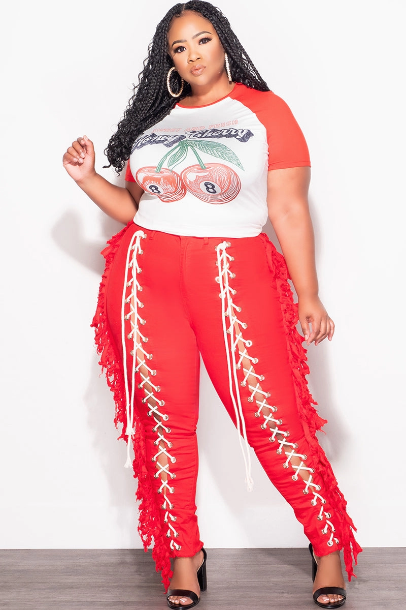 Flattering Fit Wear Wrinklefree Final Sale Plus Size "Honey Cherry" Graphic Top in Red and White