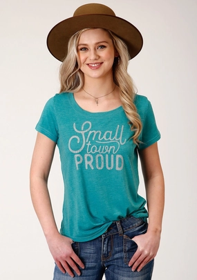 Roper Womens Turquoise Poly/Rayon Small Town Proud S/S T-Shirt Polished Placket Checkered Look