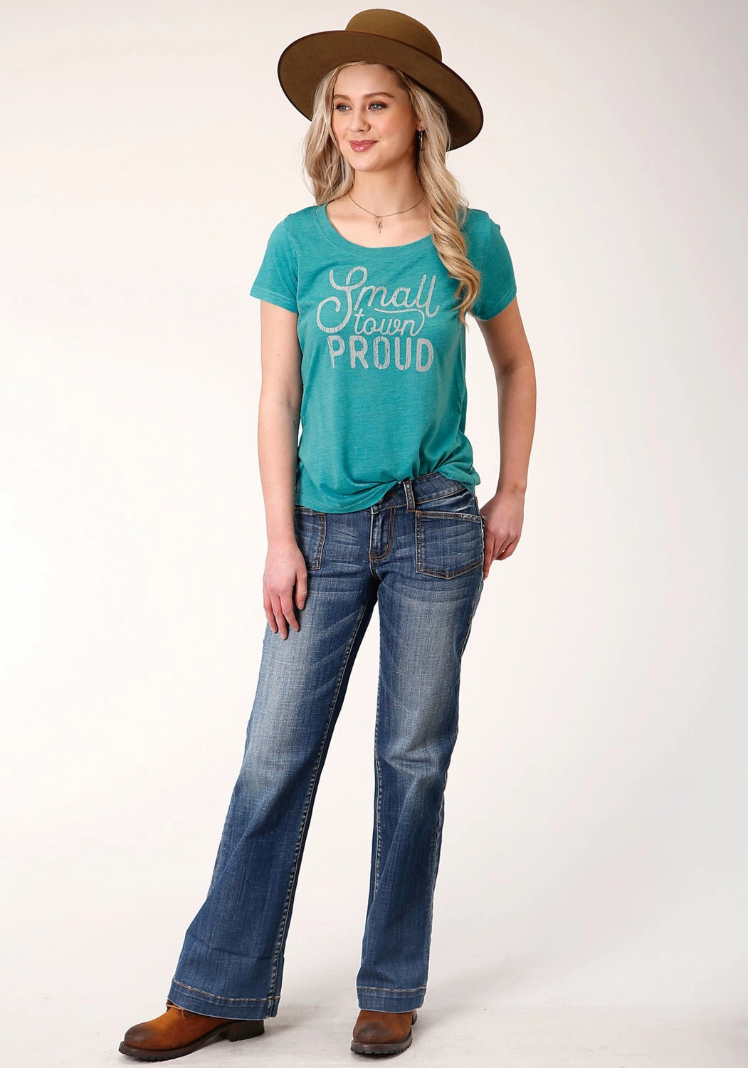 Relaxed Look Seasonal Trend Roper Womens Turquoise Poly/Rayon Small Town Proud S/S T-Shirt