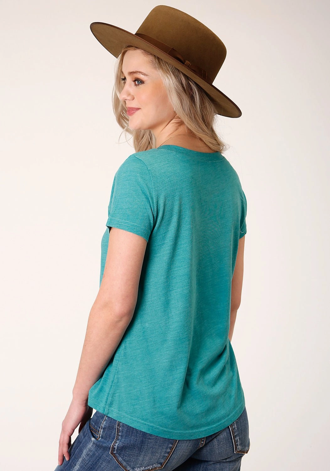 Seasonal Trend Flexible Placket Structure Roper Womens Turquoise Poly/Rayon Small Town Proud S/S T-Shirt
