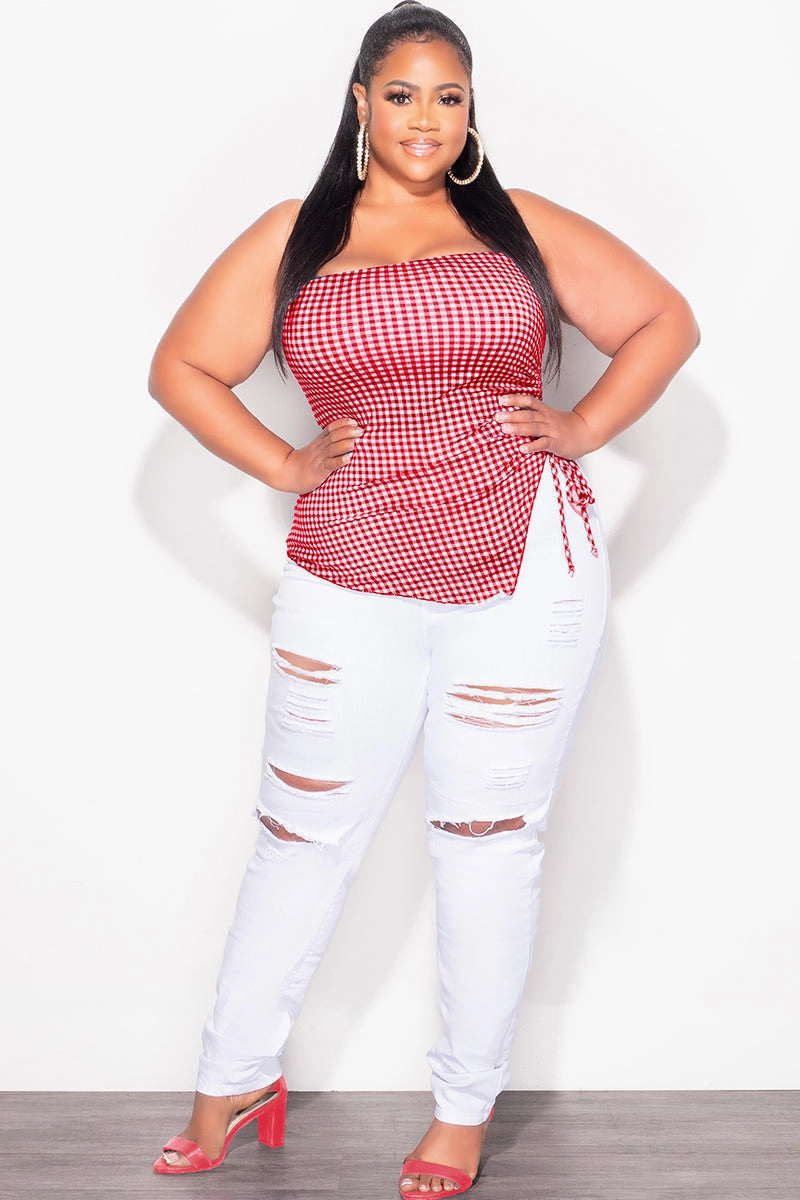 Final Sale Plus Size Gingham Tube Top with Drawstring Ruched Side in Red & White TouchscreenCompatiblePockets