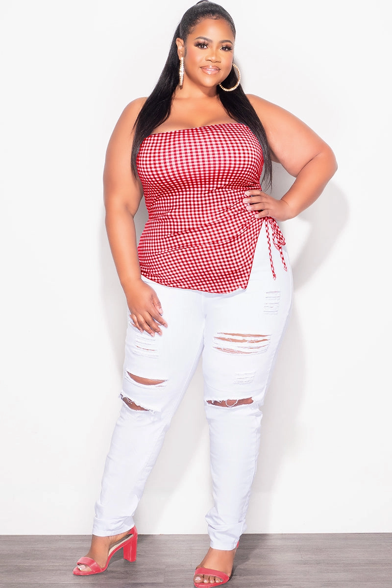 Printed design Final Sale Plus Size Gingham Tube Top with Drawstring Ruched Side in Red & White