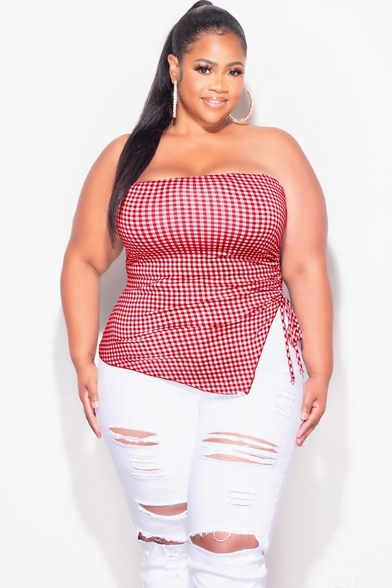 Relaxed Vibe Final Sale Plus Size Gingham Tube Top with Drawstring Ruched Side in Red & White