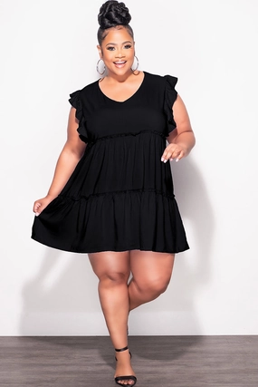 Cool Comfort Final Sale Plus Size Ruffle Sleeve 3-Tiered Baby Doll Dress in Black (Rayon Not Stretchy)