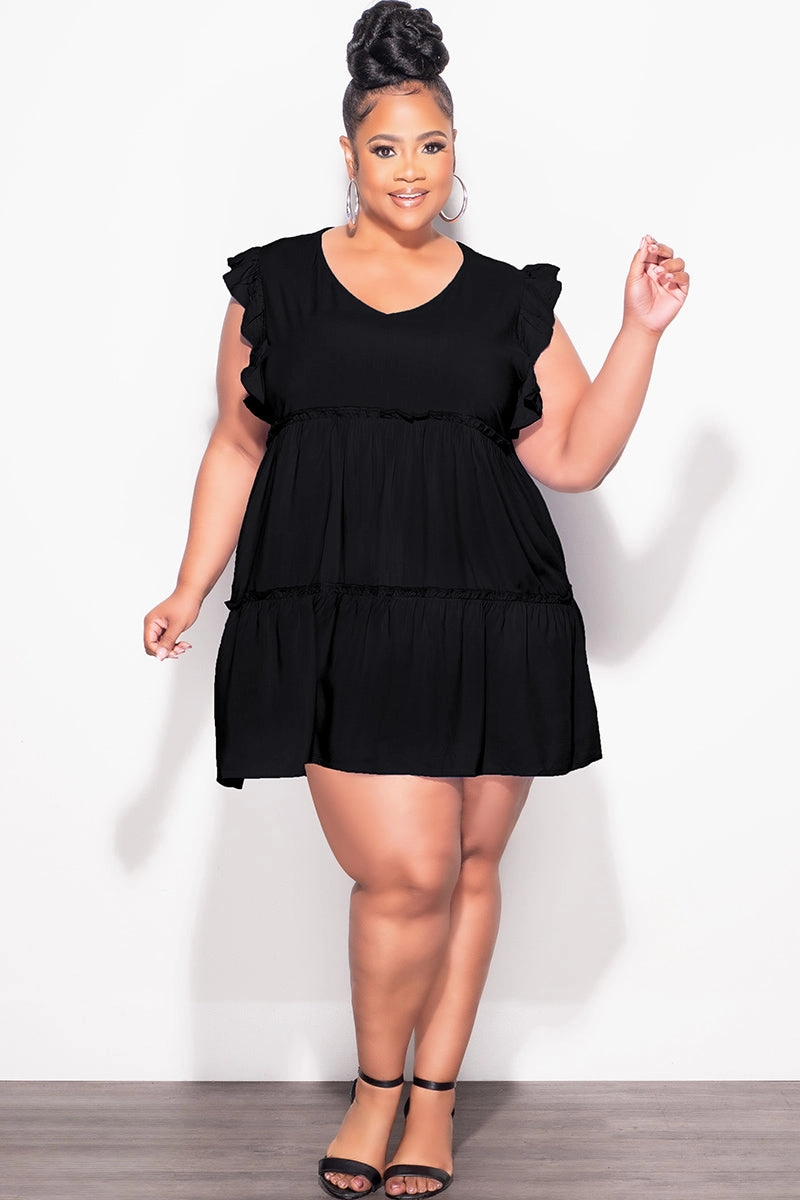 Final Sale Plus Size Ruffle Sleeve 3-Tiered Baby Doll Dress in Black (Rayon Not Stretchy) Breathable Stretch EcoFriendlyDye