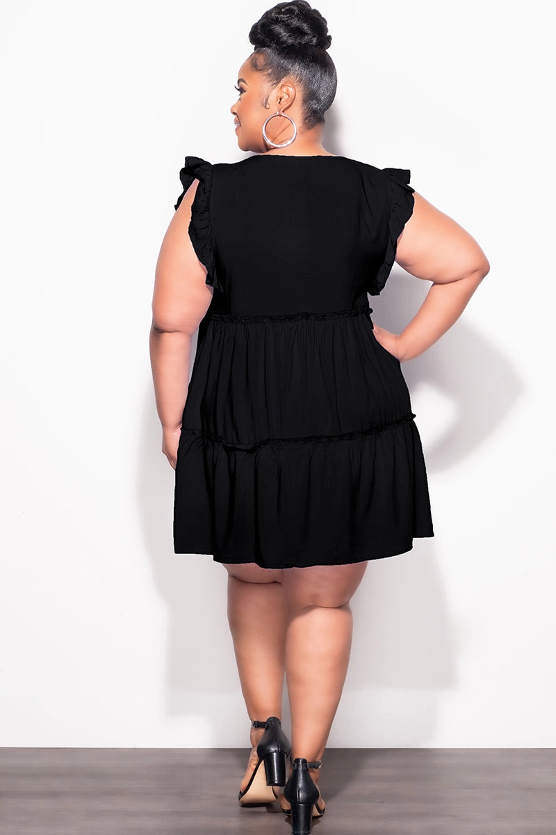 SlimFit Relaxed Comfort Fit Final Sale Plus Size Ruffle Sleeve 3-Tiered Baby Doll Dress in Black (Rayon Not Stretchy)