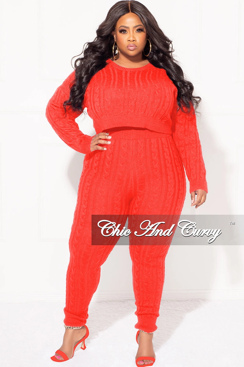 Final Sale Plus Size 2-Piece Sweater Pants Set in Red Casual Active Wear Slim Stretch