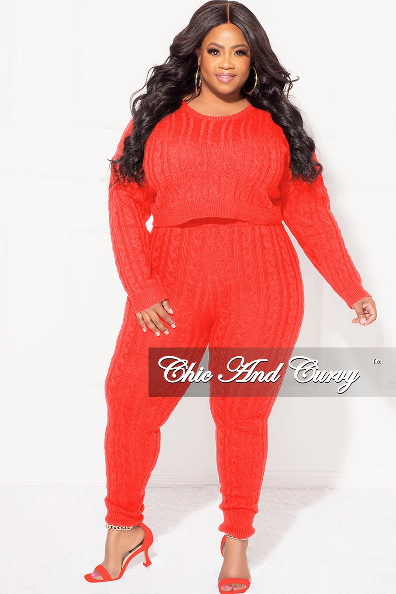 Final Sale Plus Size 2-Piece Sweater Pants Set in Red Non Slip Waistband