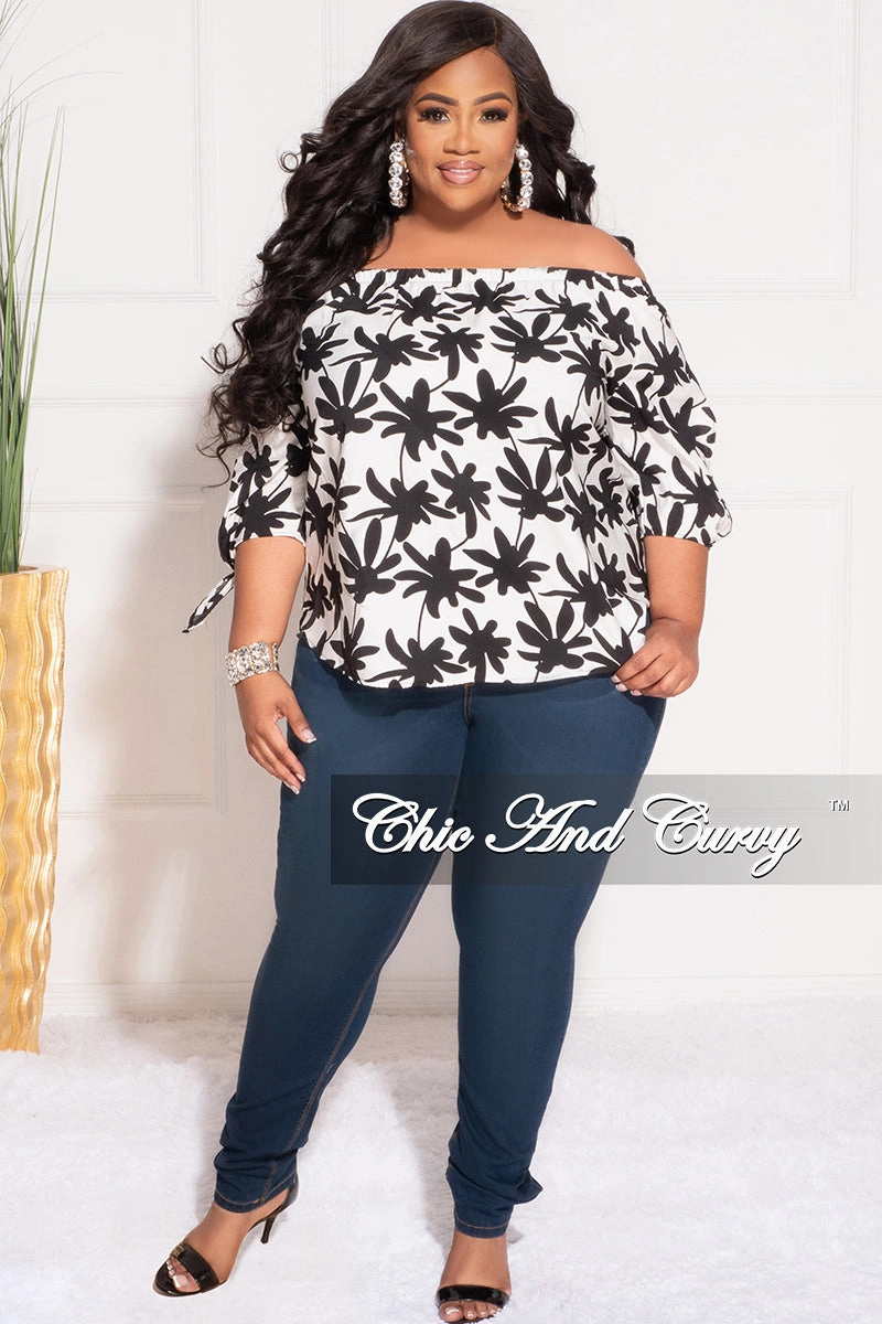 StainResistantCoating Comfort waistband Final Sale Plus Size Off the Shoulder Top in White and Black Chestnut Leaf Print