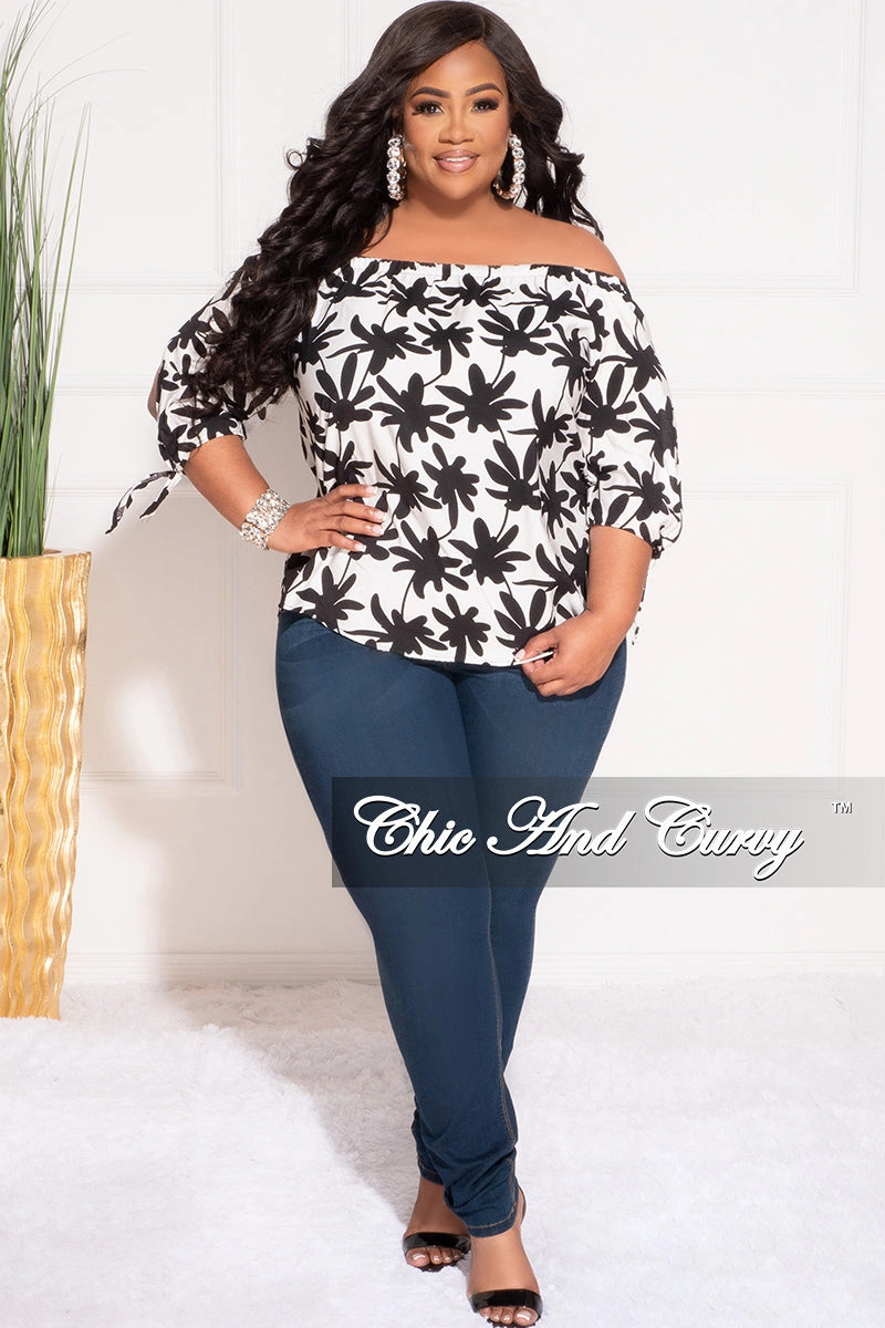 Blackout fabric Final Sale Plus Size Off the Shoulder Top in White and Black Chestnut Leaf Print
