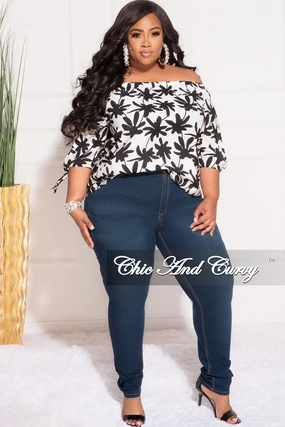 Final Sale Plus Size Off the Shoulder Top in White and Black Chestnut Leaf Print StretchWaistband Functional Comfort Wear