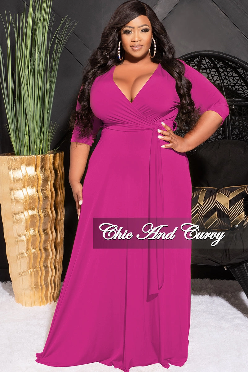 Final Sale Plus Size Faux Wrap Dress in Magenta Purple Chilly Weather Comfort