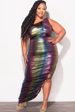 Final Sale Plus Size One Shoulder Midi Dress with Ruched Sides in Metallic/Foil Multiple-Color Temperature Regulating Work Comfort