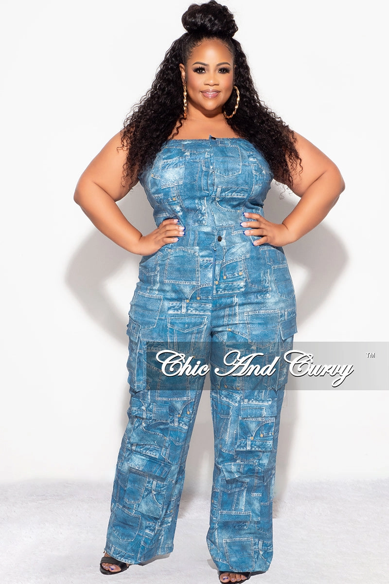 Final Sale Plus Size Cargo Jumpsuit in Denim Quick Conversion Hem SecureClosureSystem