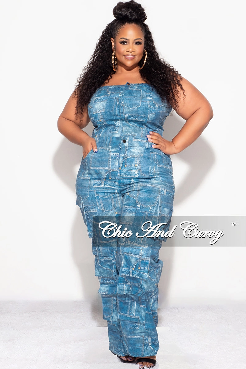 Comfy Waistband Timeless Style Final Sale Plus Size Cargo Jumpsuit in Denim