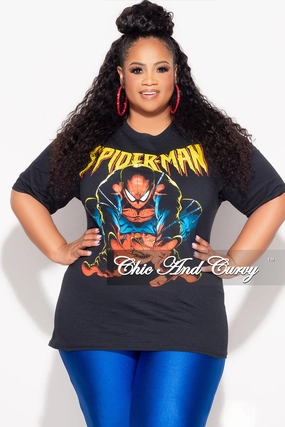 Final Sale Plus Size Short Sleeve "Spiderman " Graphic T-Shirt in Black Simple Comfort Wear
