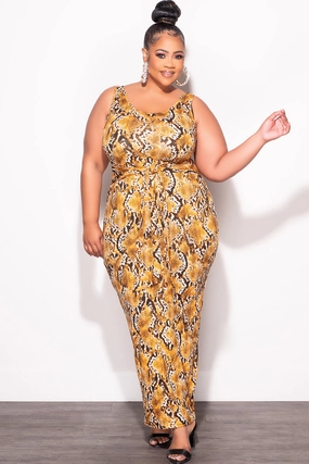 Final Sale Plus Size Sleeveless Maxi Dress with Waist Tie in Mustard and Black Snake Print Cozy Touch Flexible Leg