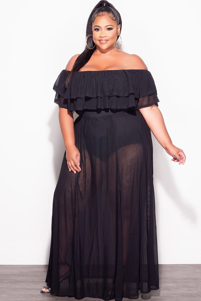 Final Sale Plus Size Off the Shoulder Mesh Ruffle Bodysuit Dress with Double Slits in Black Sporty Comfort Wear