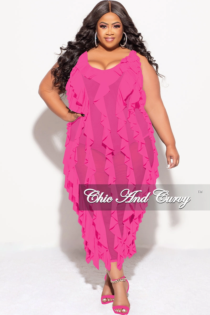 Final Sale Plus Size Sleeveless Sheer Ruffle Midi Dress in Pink Easy Access ElasticWaistband