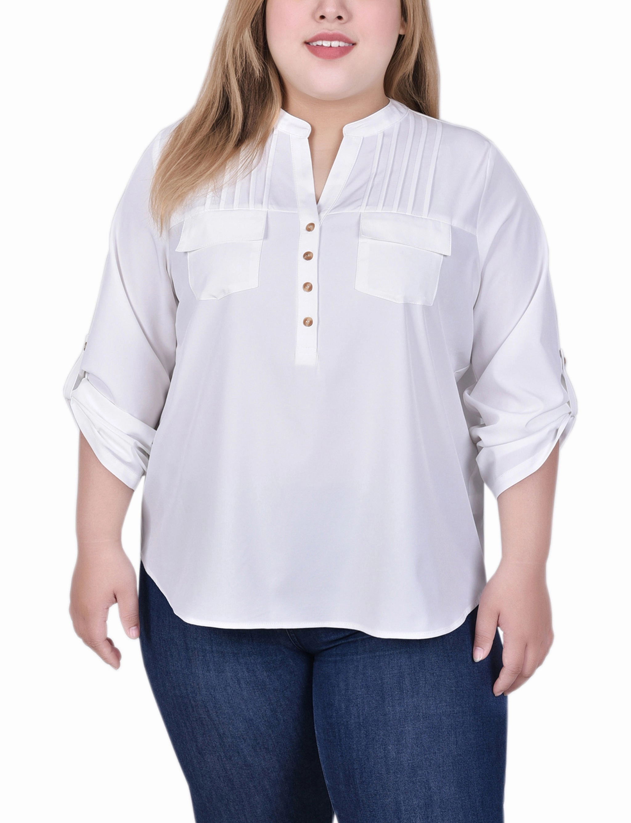 Long Tab-Sleeve Blouse With Pockets RollUpSleeves