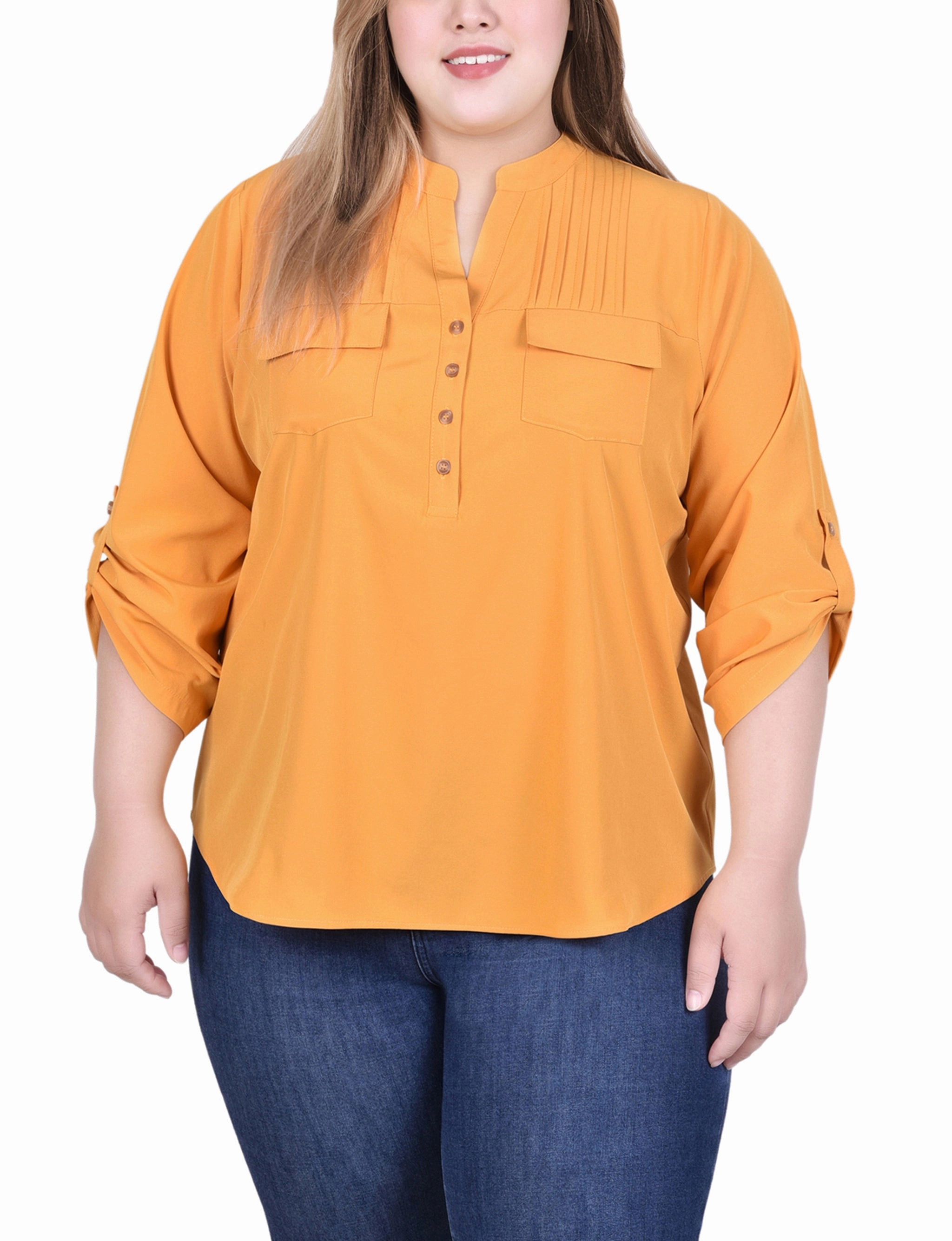 MultiPanel Design AntiSlipGrip Long Tab-Sleeve Blouse With Pockets