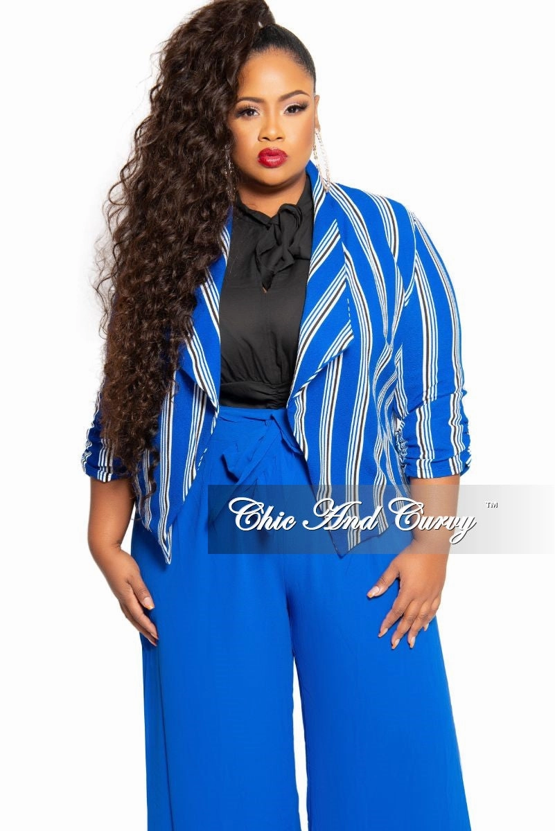 Everyday Comfort Wear Soft Performance Final Sale Plus Size Blazer in Royal Blue White and Black Stripe Print