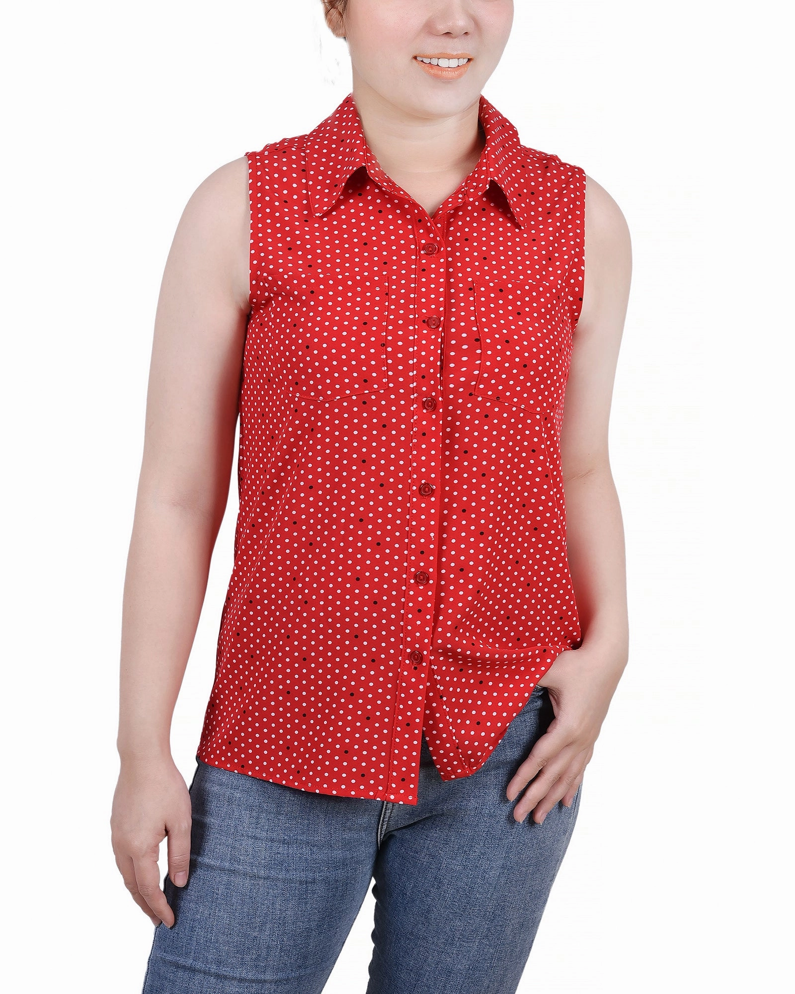Odor Resistant Coating TaglessCollar Petite Sleeveless Notch Collar Button Front Blouse
