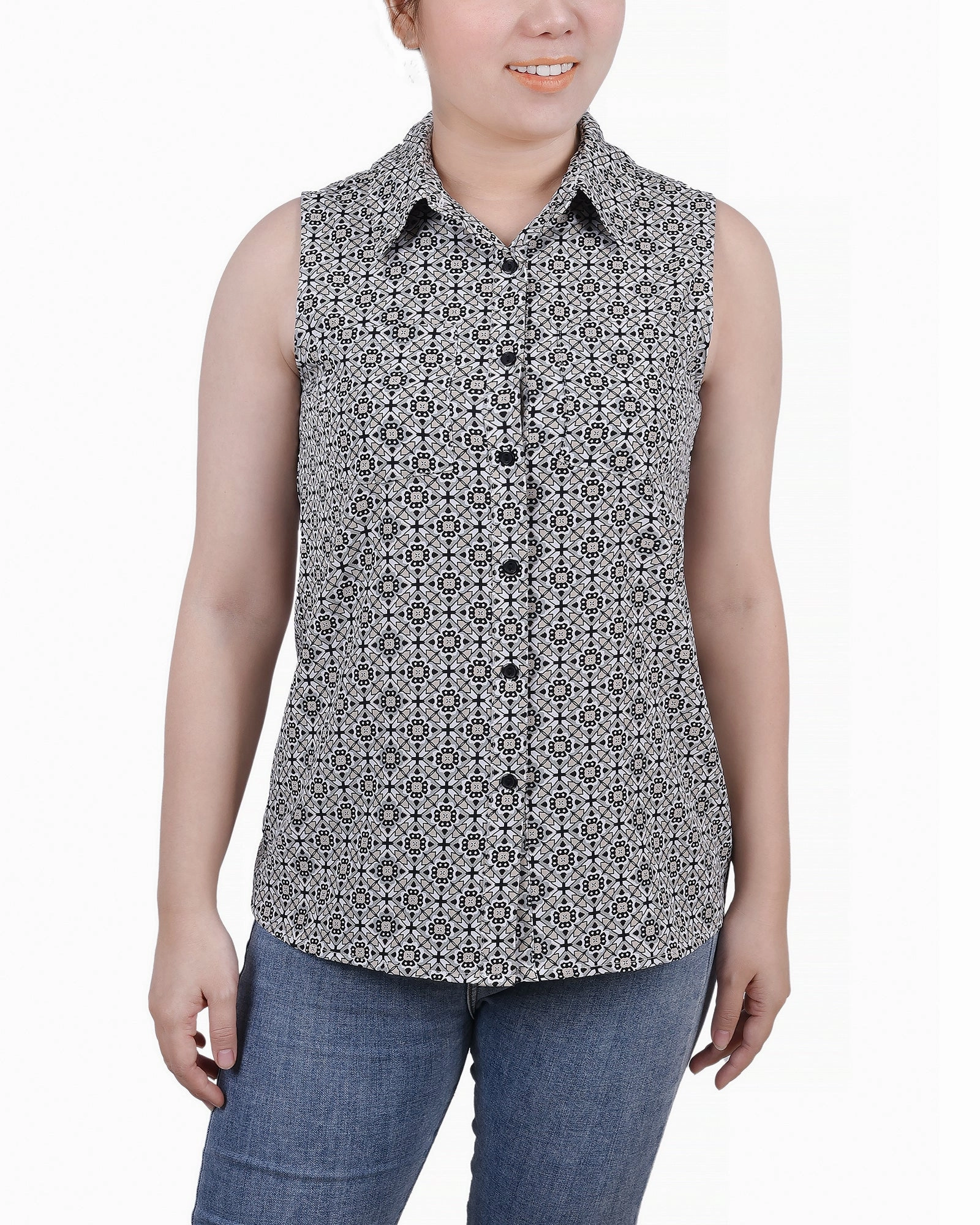 Petite Sleeveless Notch Collar Button Front Blouse WideNeckOpening Bonded Seam Durability