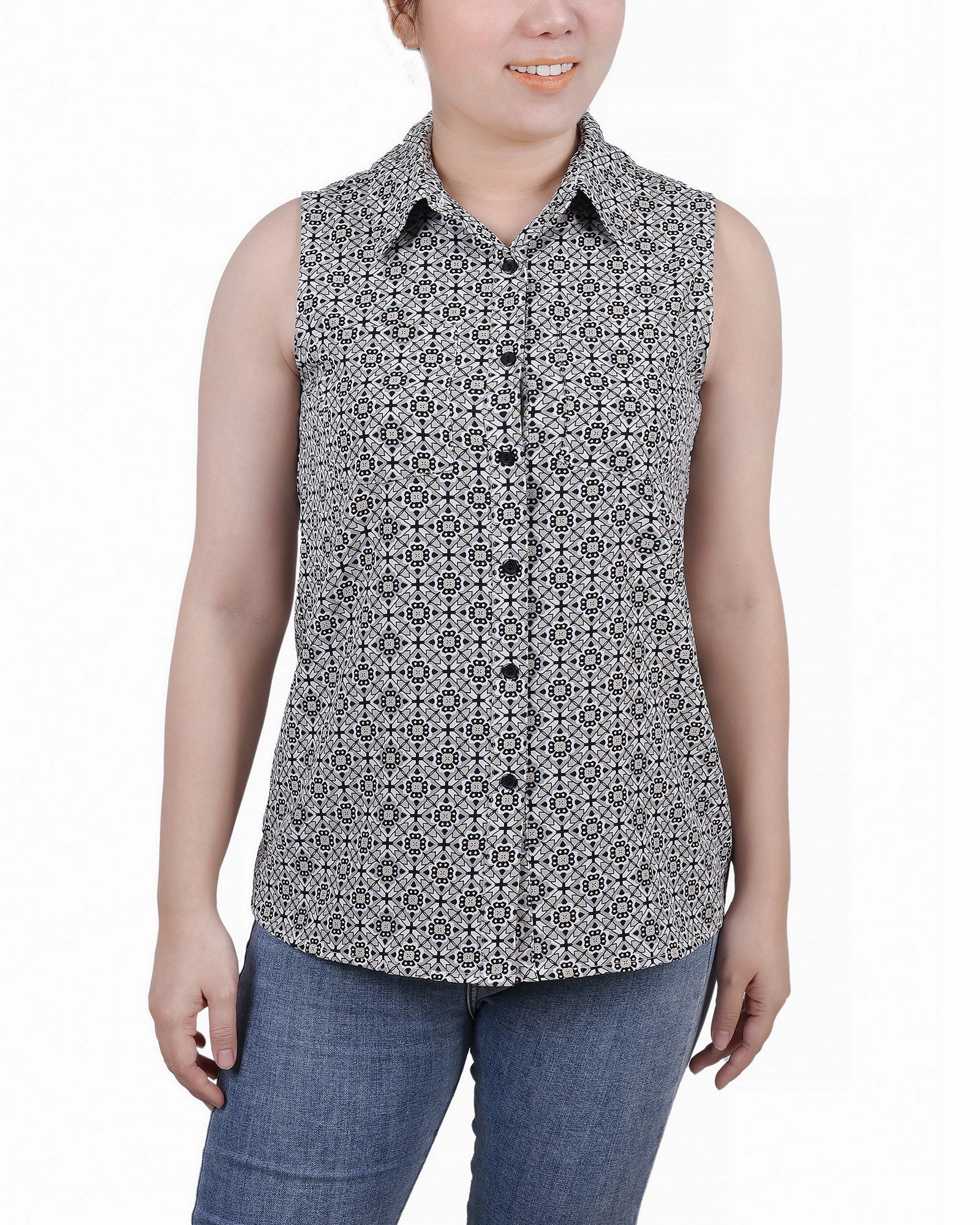 Petite Sleeveless Notch Collar Button Front Blouse FlexibleNeckline