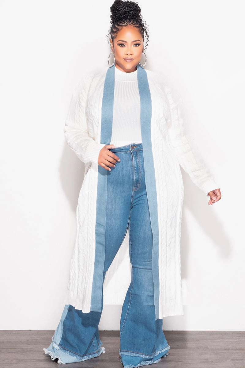 Sleek Cut Noise Reduciting Fabric Final Sale Plus Size Cable Knit Long Sweater Cardigan in Ivory with Denim Trim