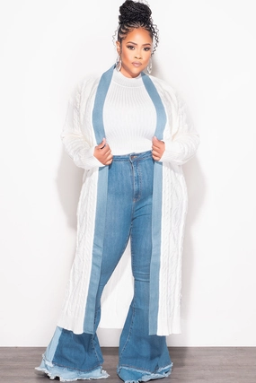 Final Sale Plus Size Cable Knit Long Sweater Cardigan in Ivory with Denim Trim Breathable fabric