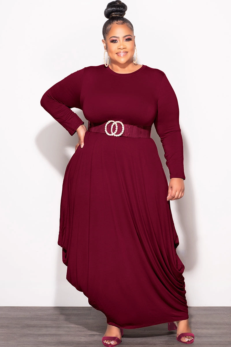 Timeless Fit Slim wear Final Sale Plus Size Long Sleeve Casual Loose Pocket Dress in Burgundy