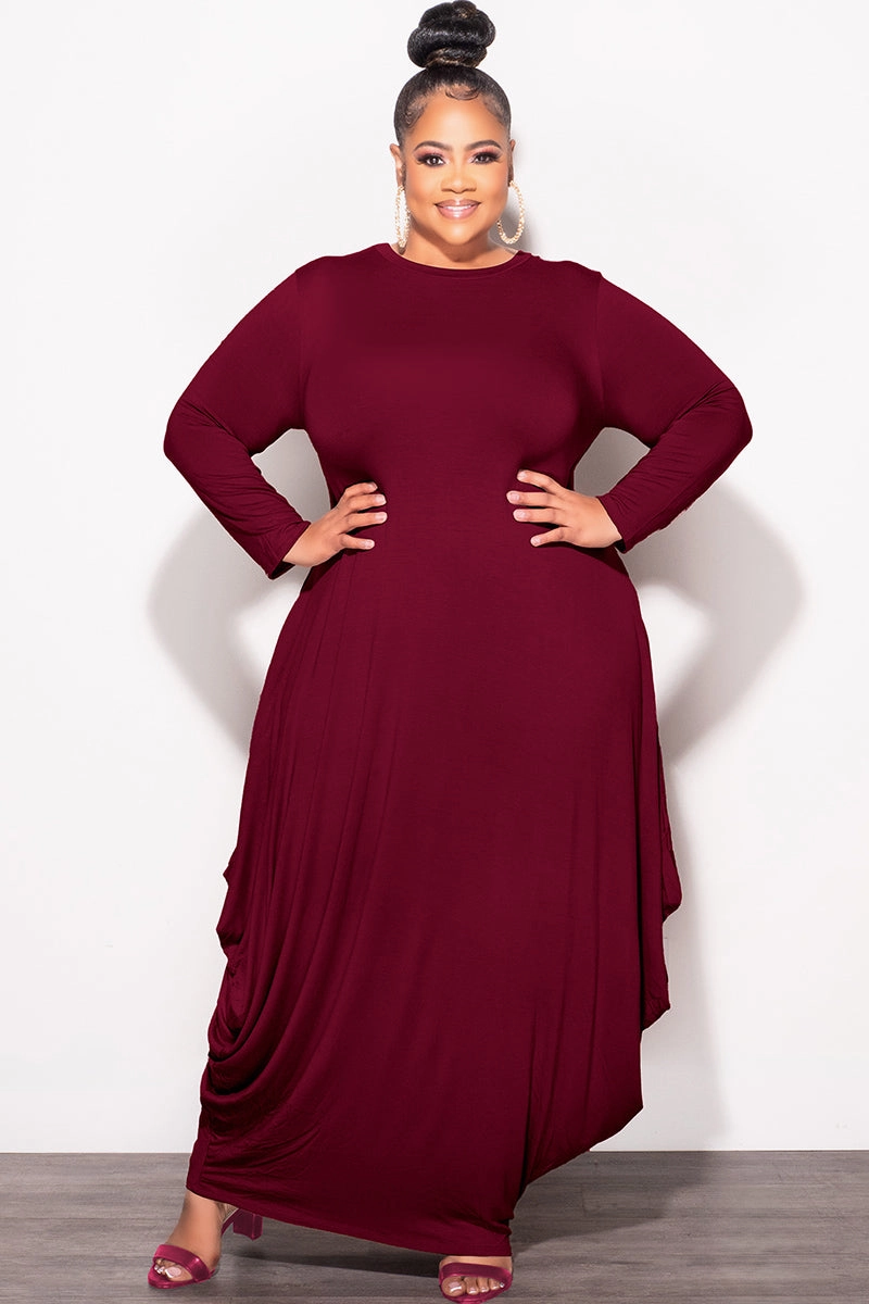 Final Sale Plus Size Long Sleeve Casual Loose Pocket Dress in Burgundy Non Iron Technology