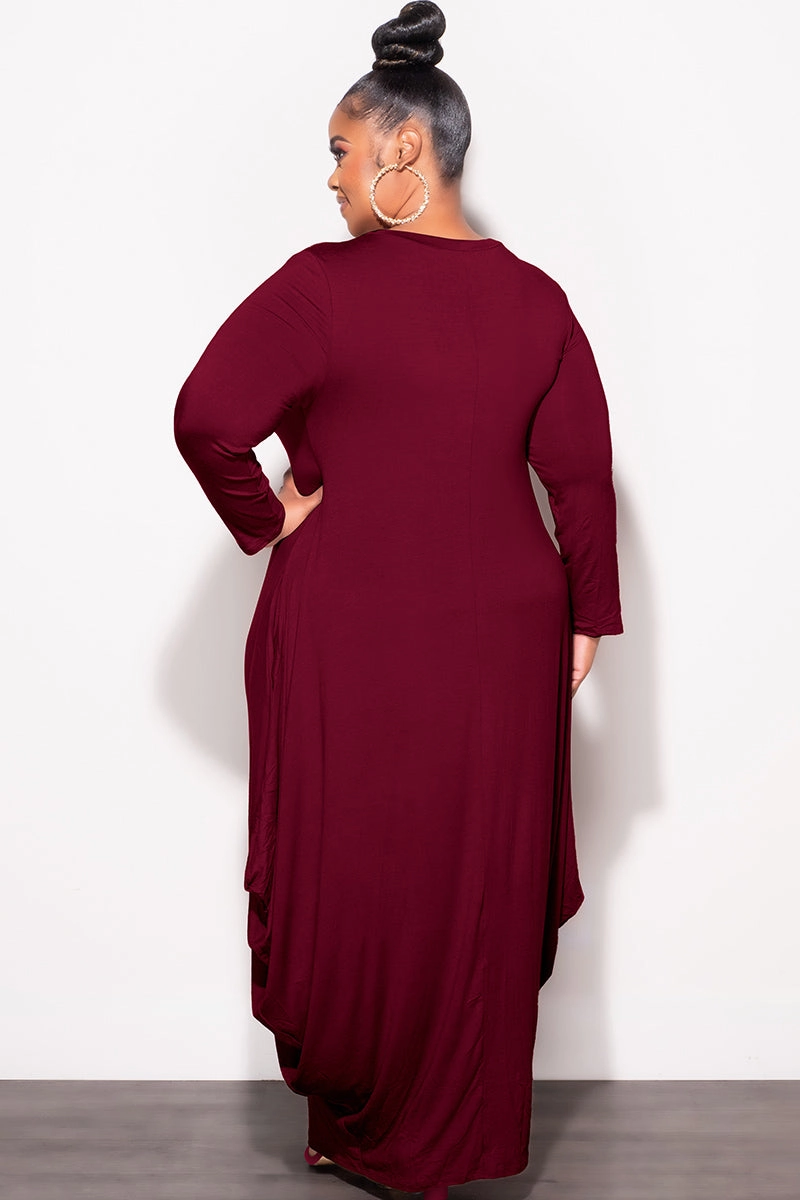 Final Sale Plus Size Long Sleeve Casual Loose Pocket Dress in Burgundy Active Wear Contrast Trim