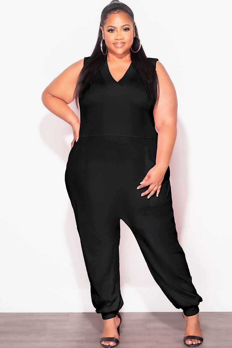 Final Sale Plus Size Sleeveless Harem Jumpsuit in Black Chilly Day Ready Light wash